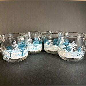 Set 4 Vintage Anchor Hocking Clear Glass Mugs Blue White Trees Winter Snow Scene